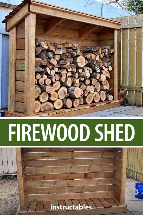 This firewood shed is a great way to keep your firewood stored and at the ready. #Instructables #workshop #woodworking #woodshop #storage Pallet Wood Fire Storage, Rustic Wood Shed Ideas, Shed For Firewood, Woodpile Storage Ideas, Log Shed Ideas Firewood Storage, How To Build A Wood Shed, Wood Shelter Diy Firewood Storage, Firewood Storage Shed, Split Wood Storage