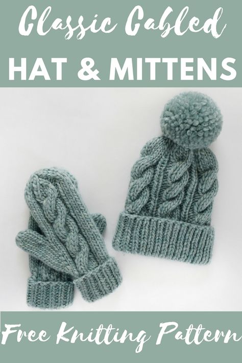 Click for the free knitting pattern and video tutorial for this cabled hat and mitten set! www.kniftyknittings.com Cabled Mittens Free Knitting, Knitting Mittens For Beginners, Knitting Pattern For Mittens, Free Cable Hat Knitting Patterns, Cable Hat Knit Pattern, Cable Knit Mittens Free Pattern, Free Cable Knit Hat Pattern, Scarf Knitted Pattern Free, Cable Beanie Knitting Pattern