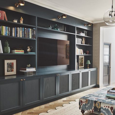 Ealing House, West London — Polly Ashman Design Tv Bookcase Wall, Tv And Bookcase Wall, Tv Bookcase, Color In Interior Design, Built In Tv Wall Unit, Brass Wall Lights, Herringbone Flooring, Tv Built In, Built In Entertainment Center