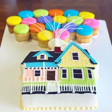 Loving this UP themed cupcake & cake combination made by @homestyle_bakery 🏡🎈💕 This looks like it would be an easier way to serve to… Up House Cake, Up Cake Disney, Up Themed Baby Shower Ideas, Up Birthday Cake, Disney Up House, Movie Cakes, Up Cake, Edible Toppers, Baby Shower Theme Decorations