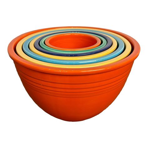 Set of 7 fiesta ware stacking/nesting mixing bowl with orange, yellow, dark/light blue, and teal bowls.   #1 measures 5”x3.5 #2 5 7/8” x 4” #3 6 3/4” x 4.5” #4 7 5/8” x 5” #5 8 5/8” x 5 5/8” #6 9 3/4” x 63/8” #7 11 1/8” x 7 1/4” Fiesta Ware Colors, Turquoise Kitchen, Brown And Turquoise, Dark Light, Wishful Thinking, Retro Kitchen, Kitchen Stuff, 7 11, Pyrex