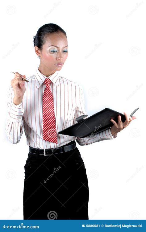 Elegant Chinese businesswoman holding pen and notebook, serious looks, business meeting. Holding Notebook Reference, Holding Tie Pose, Serious Pose Reference, King Concept Art, Pen And Notebook, Line Of Action, Fabulous Women, Holding Pen, Women Wearing Ties