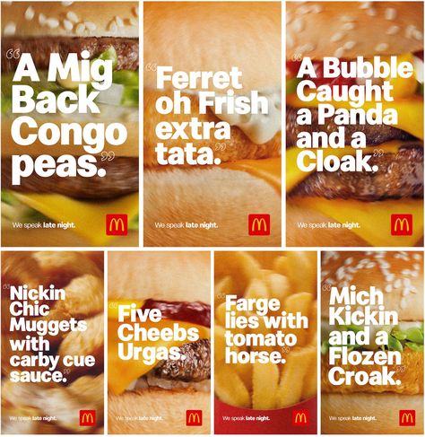 McDonald’s new ads are as tipsy as its late-night customers | Ad Age Mcdonalds Graphic Design, Food Print Ad, Food Creative Ads Ad Campaigns, Headline Design, Creative Advertisement, Copywriting Ads, Copywriting Portfolio, Copy Ads, Digital Advertising Design