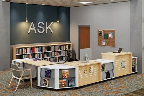 Circulation desks for Libraries, Schools and Media Centers Library Furniture School, Library Furniture Design, Circulation Desk, Public Library Design, Receptionist Desk, School Library Design, Library Desk, Teen Library, Modular Desk