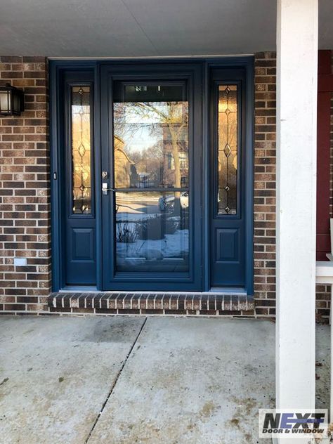 Black Door And Sidelights, Front Door With Sidelights And Storm Door, Front Doors With Storm Doors, Glass Storm Doors For Front Door, Storm Doors For Front Door, Entry Door Sidelights, Black Front Door With Sidelights, Safe Front Door, Front Door Side Windows