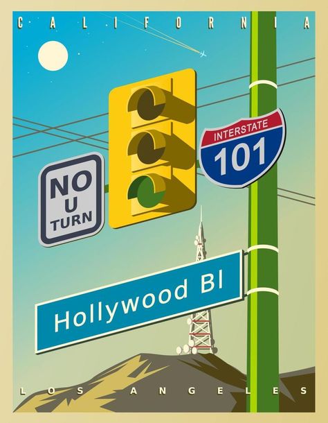 Vintage poster with a yellow traffic light, Hollywood sign, and road signs - No U-Turn, 101 Interstate. Vector illustration in retro style. California, USA California Illustration, Hollywood Images, Road Vector, Characters Inspiration Drawing, Hollywood Sign, U Turn, Communication Design, Traffic Light, Road Signs