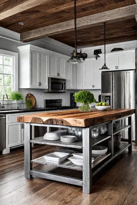 Rustic kitchen island with a live edge countertop 4x4 Kitchen Island, Rustic Wood Kitchen Island, Kitchen Island Add On Ideas, Diy Large Kitchen Island, Diy Rustic Island, Rustic Island Kitchen, Diy Rustic Kitchen Island, Kitchen Island Diy With Seating, Diy Island Kitchen