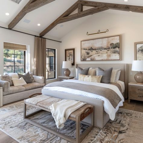 Cottage bedroom with sleek lines and warm, earthy accents Country Living Bedroom Ideas, Country Modern Home Interiors, Rustic Bedroom Paint Ideas, Modern Rustic Master Bed, Modern Cottage Bedroom Ideas, Farmhouse Chic Bedroom Ideas, Rustic Elegant Bedroom, Rustic Master Bedrooms Decor, Cottage Aesthetic Bedroom