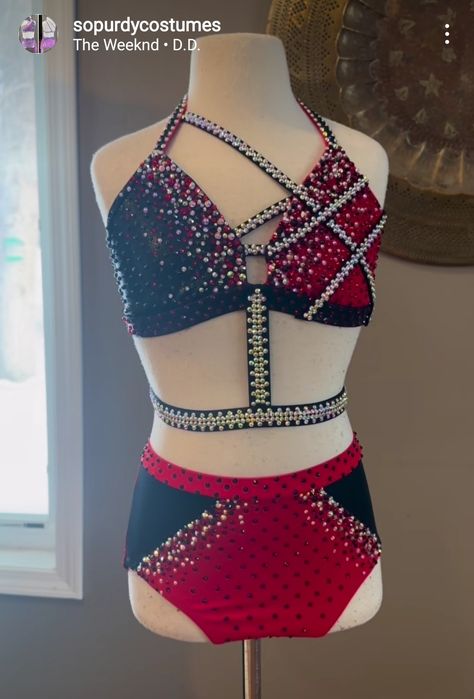 Black And Red Jazz Dance Costume, Red And Black Jazz Dance Costumes, Jazz Solo Costumes, Jazz Dance Costumes Sassy, Sparkly Dance Costume, Acro Costumes, Mariachi Costume, Black Dance Costumes, Rhinestone Ideas