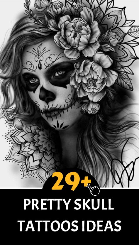 Discover an enchanting collection of skull tattoos that beautifully merge elegance with a touch of darkness. Adorned with intricate details and feminine features, these stunning tattoos blend allure and edge effortlessly. Find the design that resonates most with your individuality and fashion sense. Sugar Skull Tattoos For Women, Cute Skull Tattoos, Skull With Flowers Tattoo, Pretty Skull Tattoos, Floral Skull Tattoos, Girly Skull Tattoos, Day Of The Dead Tattoo, Candy Skull Tattoo, Indian Tattoo Design