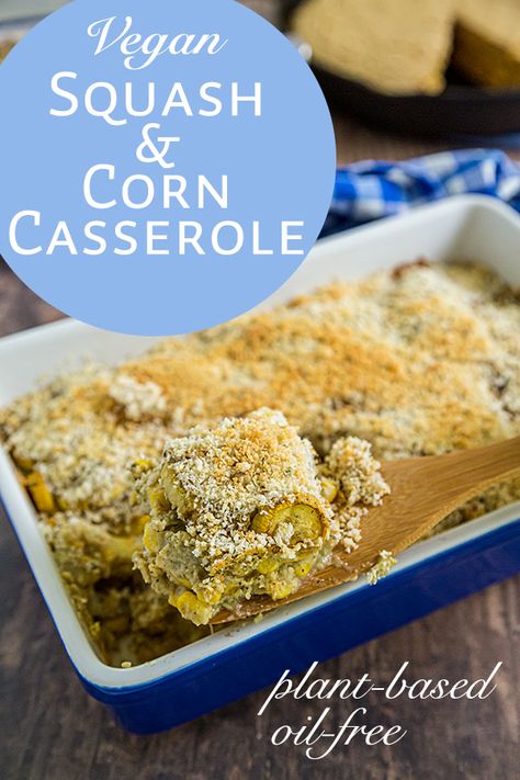 Vegan Yellow Squash and Corn Casserole: Golden slices of summer squash are baked in a creamy sauce and topped with crunchy panko bread crumbs. It's plant-based and oil-free, too! Vegan Summer Squash Recipes, Wfpb Casserole, Vegan Yellow Squash Recipes, Squash Corn Casserole, Vegan Squash Casserole, Squash And Corn Casserole, Vegan Squash Recipes, Vegan Squash, Pies Savory