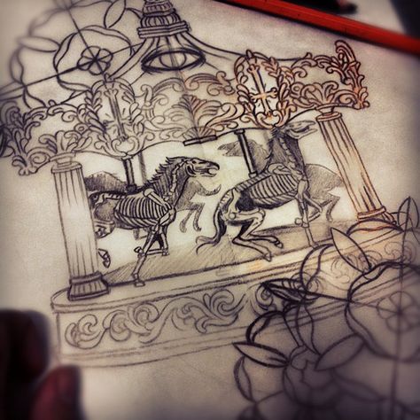 Skeleton carousel Carousel Horse Tattoos, Carnival Tattoo, Carousel Tattoo, Circus Tattoo, Round Tattoo, No Pain No Gain, Spooky Tattoos, Horse Tattoo, Tattoo Illustration