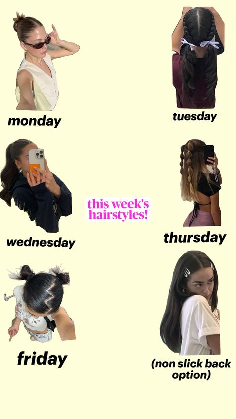 my hairstyles this week! (almost every day I need my hair back bc I do sport 4 times in the school week) Hairstyles For Sports Day At School, Hairstyles For Trampoline Park, Weekly Hairstyles For School, Hair Of The Week, Days Of The Week Hairstyles, Hairstyles Of The Week, Full Week Of Hairstyles, Day 2 Hairstyles, Hairstyles For A Week