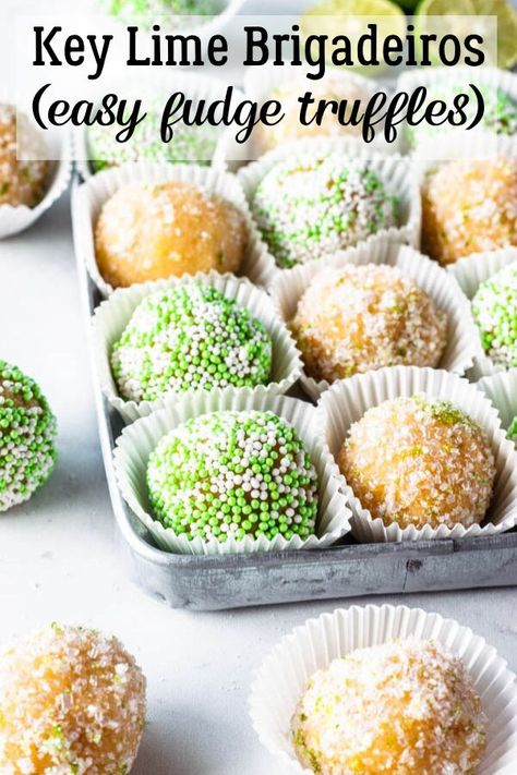 Key Lime Brigadeiros, fudge truffles #truffles #fudge #brigadeiros #keylime #sweets #fudgeballs #sprinkles #party #birthday #treats #christmas #desserts #gift #brazilian #condensedmilk #sprinkles #easy #nobake #celebration Key Lime Fudge, Fudge Truffles, Brigadeiro Recipe, Key Lime Recipes, Sprinkles Party, Key Lime Desserts, Tacos Recipes, Easy Truffles, Lime Desserts