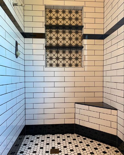 Shower White And Black, Black Shower Insert, Black And White Shower Floor Tile, White Subway Black Grout Bathroom, Subway Tile Shower With Bench, Black And White Octagon Tile Bathroom, Black White Shower Tile, Black And White Walk In Shower Ideas, Shower Subway Tile Ideas