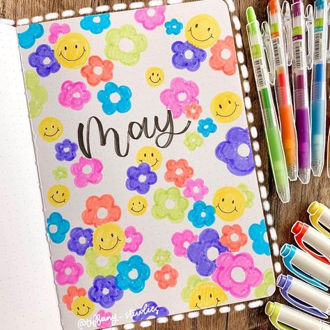 Cute Cover Page Ideas, Art Cover Page Ideas, May Journal Cover, May Bujo Cover, Doodling Designs, Bullet Journal Front Page, Aesthetic Notes Ideas, May Cover Page, Bullet Journal Decoration