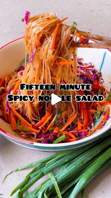 Ayushi Gupta-Mehra on Instagram: "FIFTEEN MINUTE SPICY NOODLE SALAD ! The perfect recipe for busy working lunch when you want to throw together an easy and refreshing dish that’s substantive too!   You can prep any noodles for this recipe.  Here I’m using glass noodles , cooked according to the package instructions by first soaking in water for 7-8 minutes, following which the noodles were added to a pot of hot water and  blanched for another few minutes / until cooked. The noodles should be soft and chewy. Drain and immediately shock with cold water.   Next prep your favourite veggies. Here I have: - Purple cabbage , shredded - Carrots, cut lengthwise into “matchsticks” - Bell peppers, sliced lengthwise - Sliced spring onions   For the dressing, to a heatproof bowl add: - 2-3 tsp minced g Lunch Ideas Salad, Ayushi Gupta, Glass Noodles Recipe, Thai Noodle Salad, Glass Noodle Salad, Cabbage And Noodles, Spicy Noodle, Vietnamese Noodles, Thai Salads