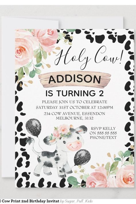 Holy Cow Floral and Cow Print 2nd Birthday Invitat Invitation Sugar Puffs, 2nd Birthday Invitations, Holy Cow, Third Party, Cow Print, 2nd Birthday, Birthday Invitations, Cow, Created By