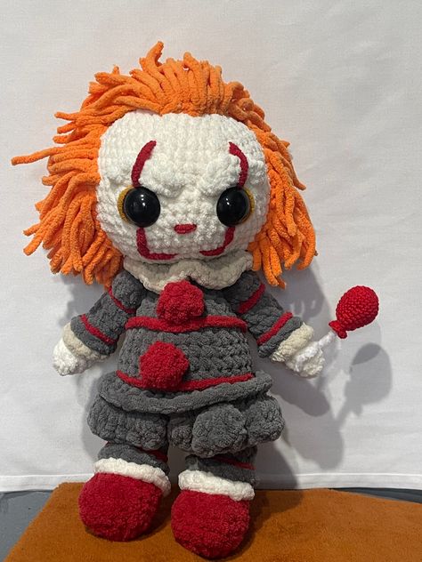 Hello, this is a crochet horror plushie that is made to order. He is 18 inches tall and the perfect cuddly slasher ! You can find me on Instagram at @craftyCreationsByBel . *please note it will take 1-2 weeks for order to be shipped* Pennywise Crochet Pattern, Crochet Pennywise, Horror Things, Crochet Plushes Ideas, Horror Movie Crochet, Horror Crochet, Plushies Diy, Horror Crafts, Hello Kitty Shoes