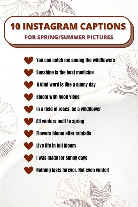 10 Beautiful spring/summer instagram captions and quotes perfect for picturesposts and selfiesInstagram captionsinstagram quotesspring captionsinstagram captions for springinstagram captions for summerinsta captions for selfiescute insta captionscaptions inspoquotes for instagramcaptions for selfiescaptionsquotesinstacaptions springquotes summerquotes captionsinspo Women's Day Instagram Captions, Beautiful Day Caption, Beautiful Day Captions, Easter Captions Instagram, June Captions, Spring Captions Instagram, Insta Captions For Selfies, Spring Captions, Cute Insta Captions