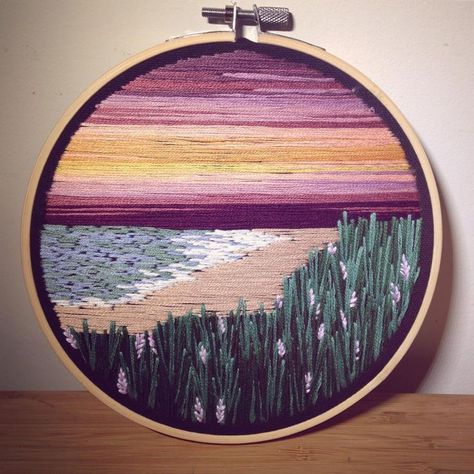 Embroidery Sky, Beach Embroidery Designs, Sunset Embroidery, Sky Embroidery, Embroidery Beach, Beach Embroidery, Peach Beach, Sunset Waves, Landscape Designs