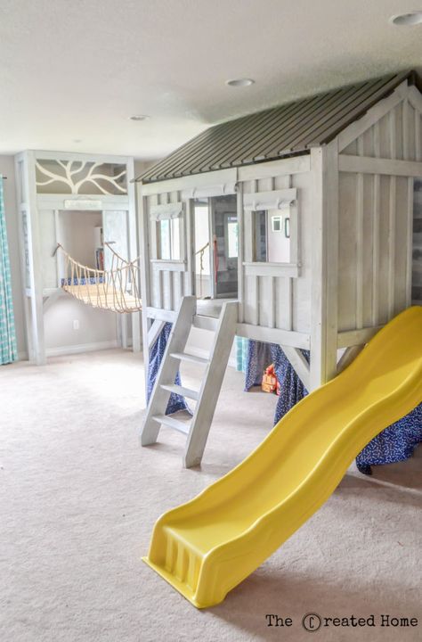 Cabin Playroom, Bedroom Design For Boys, Cabin Playhouse, Playhouse Ideas, Indoor Playroom, Rope Bridge, Diy Cabin, Indoor Playhouse, Restoration Hardware Inspired