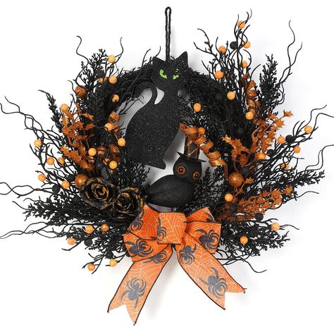 PRICES MAY VARY. [Classic Halloween Wreaths]: This Halloween wreath is decorated with classic Halloween color ornaments, black cat, black owl, orange bow, black artificial roses, black & orange berry bracnhes and black branches. [Natural Rattan Bottom]: The rattan base was painted with black color to add the Halloween atmosphere to your house. Black Cat Wreaths have a cute style and will loved by children, which are fun and full of festive atmosphere. [Halloween Theme Decoration]: Each Halloween Outdoor Halloween Wreath, Halloween Door Wreath, Cat Wreath, Vine Garland, Office Halloween Decorations, Outdoor Holiday Party, Halloween Door Wreaths, Halloween Front Doors, Wreath Indoor