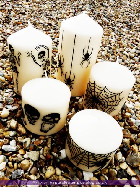 Halloween Candles Decorating Pillar Candles, Candle Pillars Decor, Fall Candles Diy, Stickers To Make, Hallowen Ideas, Purple Pumpkin, Wax Painting, Deco Originale, Painted Candles