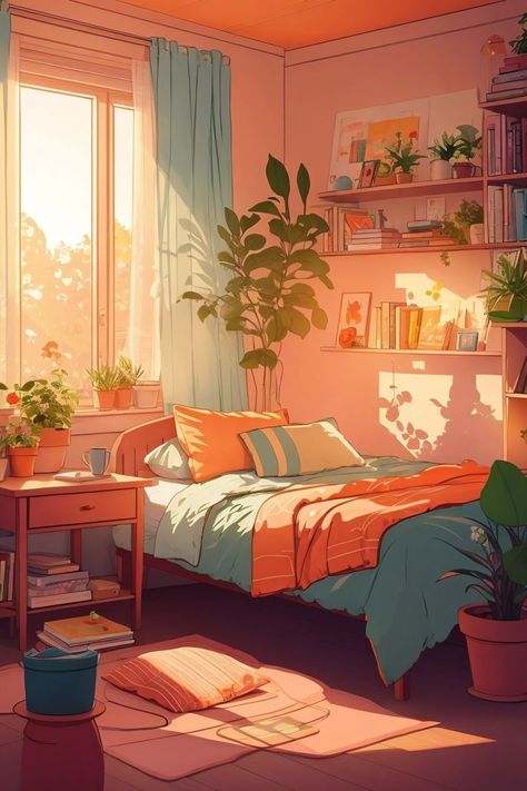 ☾~.~☕️follow me☕️~.~☾ Peachy Room Aesthetic, Animated Room Background, Bedroom Illustration Aesthetic, Room Background Drawing, Lofi Painting, Cozy Room Drawing, Room Illustration Art, Lofi Bedroom, Lo-fi Wallpaper