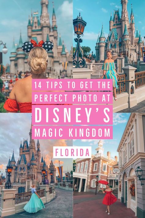 A photo guide with 14 tips on getting the perfect photos at Disney’s Magic Kingdom! Includes the most instagrammable spots and how to get the perfect shot! This post has everything you need to rock your Disney photos from planning to locations to tips on actually getting the shot when the park is busy! #waltdisneyworld #disneyworld #florida #magickingdom #photoguide Disney World Magic Kingdom Pictures, Birthday At Magic Kingdom, Mickey Hat Ears, Best Photo Spots In Magic Kingdom, Magic Kingdom Poses Ideas, Disneyworld Poses Photo Ideas, Disney Magic Kingdom Photo Ideas, Magic Kingdom Photo Spots, Disney Photo Poses