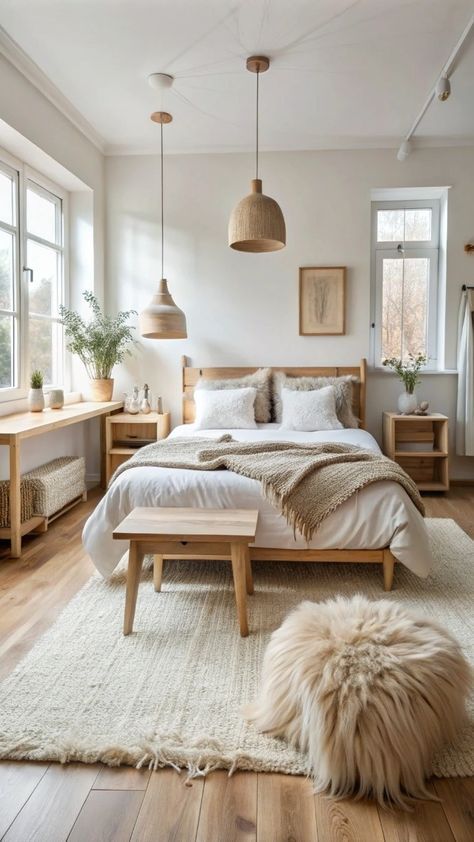 #homedecor, #interiordesign, #homedesign, #decor inspiration White Bedroom With Wood Furniture, Primary Bedroom Scandinavian, Beige And Wood Bedroom Ideas, Nordic Bedroom Ideas Scandinavian Design, Clean Neutral Bedroom, Small Scandinavian Bedroom Ideas, Small Bedroom Scandinavian Style, Neutral With Pop Of Color Bedroom, Bedroom Inspirations Wooden Bed