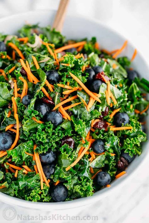 Kale Salad with Blueberries (a make-ahead recipe) Salad With Blueberries, Easy Summer Side Dishes, Blueberry Salad, Kale Salad Recipes, Summer Side Dishes, Summer Salad Recipes, Blueberry Recipes, Kale Salad, The Next Day