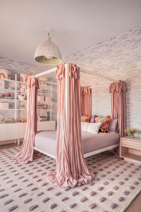 At this Hamptons residence, kids and community trump fussy and formal all year long. White Canopy Bed, Purple Girls Bedroom, Bedrooms Inspiration, Girl Bedrooms, White Canopy, Kids Bedroom Designs, Custom Furniture Design, Pink Curtains