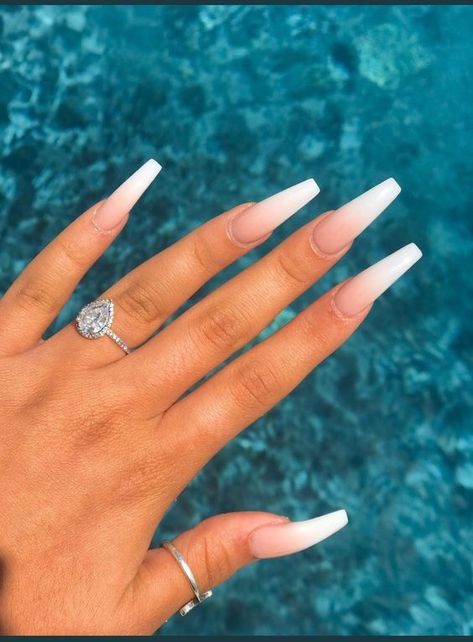 @PUTAONENA Long Ombre Nail Designs, Clearish Nails, Frost White Acrylic Nails, Professional Long Nails, Nail Inspo Long Coffin, Long Ballerina Nails Designs, Ombre Coffin Nail Ideas, Pretty Long Nails Acrylic, White Long Nails With Designs