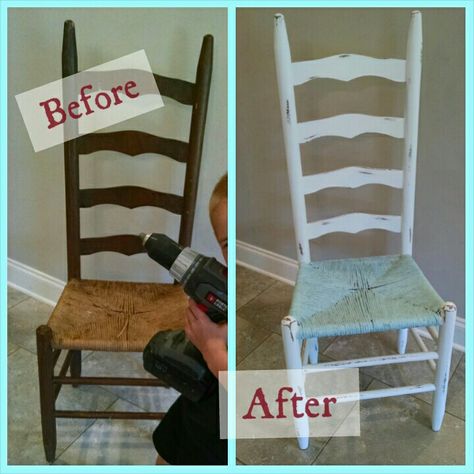 Shabby-chic ladder back chair makeover in white and pale blue #thriftstorefind Black Dining Room Chairs, Ladder Back Chairs, Dark Furniture, Chair Makeover, White Chair, Chic Kitchen, Blue Chair, Diy Desk, Shabby Chic Kitchen