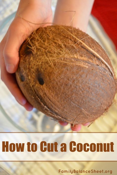 How to Cut a Coconut ~ Coconuts always intimidated me. How was I going 'to cut' through the coconut? I'll ruin my good knives. Oh, silly me. You don't cut through a coconut. You raid your tool box. How To Cut Coconut, Open A Coconut, Raw Coconut, Food Medicine, Cooking Tutorials, Veggie Delight, Cooking Lessons, Balance Sheet, Eat To Live