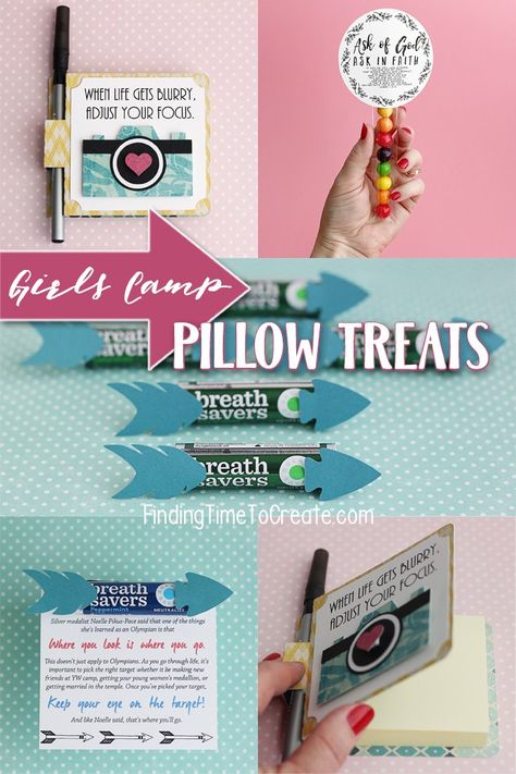 Girls Camp Pillow Treats - Finding Time To Create Pillow Treats For Girls Camp, Young Women Camp Crafts, Girls Camp Pillow Treats, Camp Pillow Treats, Lds Yw Theme, Girls Camp Handouts, Yw Handouts, Pillow Treats, Lds Girls Camp