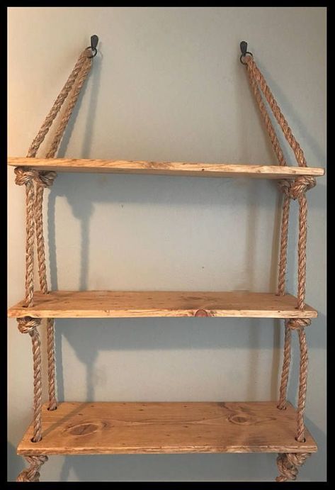 Dorm Shelves, Wood Plank Shelves, Dekorere Bad, Diy Hanging Shelves, Shelves Wall, Hemma Diy, Rope Shelves, Rustic Bathrooms, Wood Bathroom