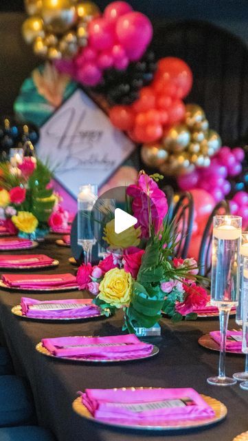 Landra Riliece Events on Instagram: "Tropical but make it black…. This was dinner party was definitely a vibe!   #birthdaydinner #birthdaydinnerparty #tropical #tropicalvibes #birthdayvibes #tabledecor #tablescape #eventplanner #creativedesign #birthdaybackdrop #35thbirthday" Tropical Glam, Tropical Party Decorations, Birthday Dinner Party, 35th Birthday, Tropical Party, Pretty Decor, Birthday Dinners, Birthday Backdrop, Black Party