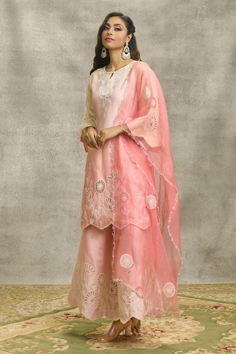 Shop for Surabhi Arya Pink Silk Chanderi Floral Cutwork Embroidered Kurta Palazzo Set for Women Online at Aza Fashions Floral Cutwork, Embroidery Suits Punjabi, Kurta Palazzo Set, Flower Machine Embroidery Designs, Kurta Palazzo, Palazzo Set, Designer Party Wear Dresses, Pakistani Dress Design, Embroidery Suits