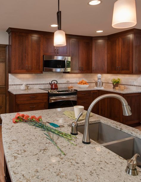 Color Cabinets, Dark Cabinets Backsplash, Backsplash With Dark Cabinets, Drawer Cabinets, Kitchen Remodel Countertops, Brown Kitchen Cabinets, Outdoor Kitchen Countertops, Cherry Kitchen, Quartz Kitchen Countertops