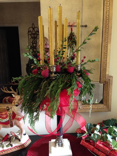 My favorite so far. I decorated a candelabra on my entrance table. Christmas Candelabra Ideas, Candelabra Ideas, Christmas Candelabra, Floral Swags, Christmas Florals, Candle Arrangements, Entrance Table, Christmas Church, Tablescape Ideas