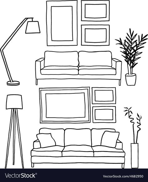 Paper Doll Living Room, How To Draw A Couch, Couch Doodle, Couch Illustration, Couch Drawing, Room With Couch, Couch Lamp, Drawing Room Concept, Living Room Illustration