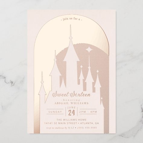 Invite all your family and friends to your 16th Birthday with these rose gold pink Disney Princess Castle invitations. Personalize by adding all your party details! Disney Princess Invitations, Disney Princess Castle, Princess Invitations, Disney Invitations, Disney Birthday, Princess Castle, Foil Invitations, Disney Party, Party Details