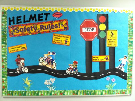 Bike safety Road Safety Poster Ideas For Competition, Road Safety Board Decoration, Road Safety Week Posters, Road Safety Awareness Poster Ideas, Bike Safety Activities For Preschoolers, Bike Safety Poster, Road Trip Theme, Bicycle Crafts, Nurse Bulletin Board