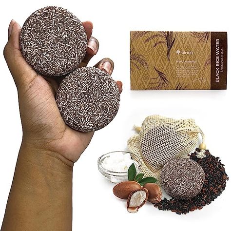 AIRNEX Black Rice Water Shampoo Bar - Proprietary Blend of Fermented Rice Water, Argan Oil & Murumuru Butter for Hair Growth Moisture & Shine - Set of Two Bars + Cotton Bags - Vegan All Natural Shampoo Bar Sulfate Free (4.04 oz) Black Rice Oil For Hair Growth, Butter For Hair Growth, Rice Water Shampoo Bar, Rice Water Shampoo, Rice Shampoo, Organic Shampoo Bar, Fermented Rice Water, Hair Soap, Hair Conditioner Bar