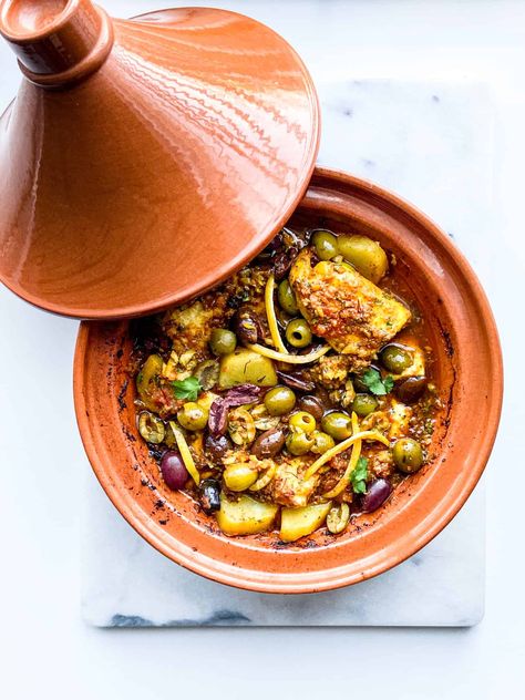 Fish Tagine with Chermoula Sauce - Feast with Safiya Moroccan Fish Tajine, Fish Tagine Moroccan, Fish Tagine Recipes, Tajin Recipes Morocco, Moroccan Lunch, Moroccan Fish Recipe, Moroccan Tagine Recipes, Moroccan Tajine, Fish Tagine