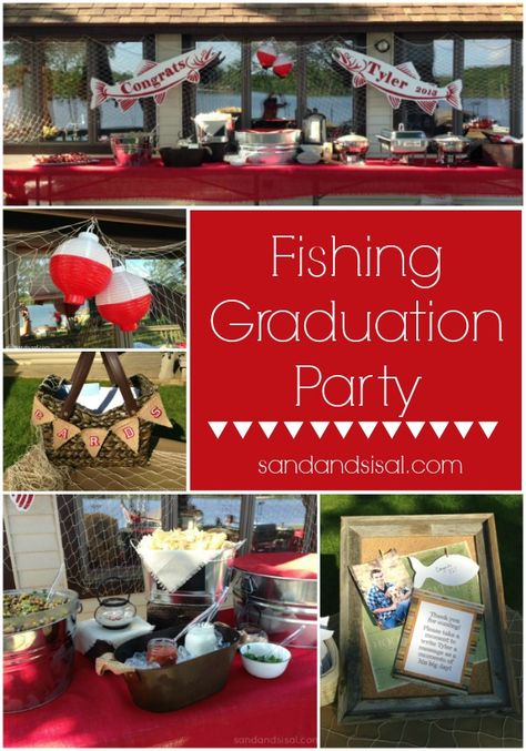 Fishing Graduation Party Ideas- great party ideas for dudes. Guys Graduation Party, Fishing Theme Party, Boy Graduation, Fishing Birthday Party, Graduation Party High, Graduation Open Houses, Graduation Tables, Graduation Party Themes, Graduation Party Ideas