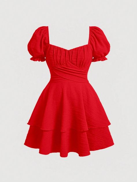 Red Casual Collar Short Sleeve Woven Fabric Plain A Line Embellished Slight Stretch  Women Plus Clothing Preppy Red Dress, Cute Red Dresses Short, Short Red Dress Casual, 2024 Costumes, Red Flowy Dress, Red Short Sleeve Dress, Red Dress Casual, Neck Bow Tie, Cute Red Dresses