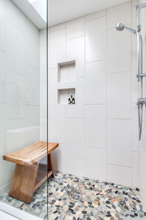 Vertical Shower Tile, Cedar Cottage, Cottage Traditional, White Tile Shower, Shower Renovation, Meeting Ideas, Bathroom Shower Design, Wet Room, Bathroom Redesign